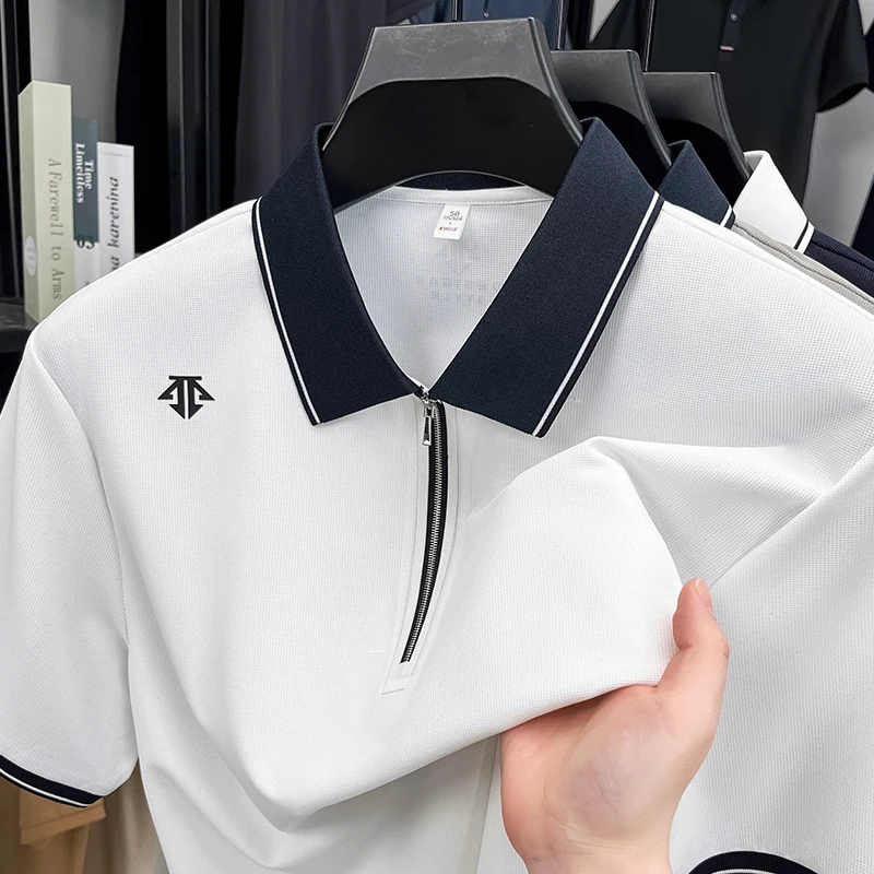 

High-end Quality Brand Men's Polo Shirt Lapel Geometric Print Zipper Short Sleeve Seamless T-shirt British Fashion Trend Summer