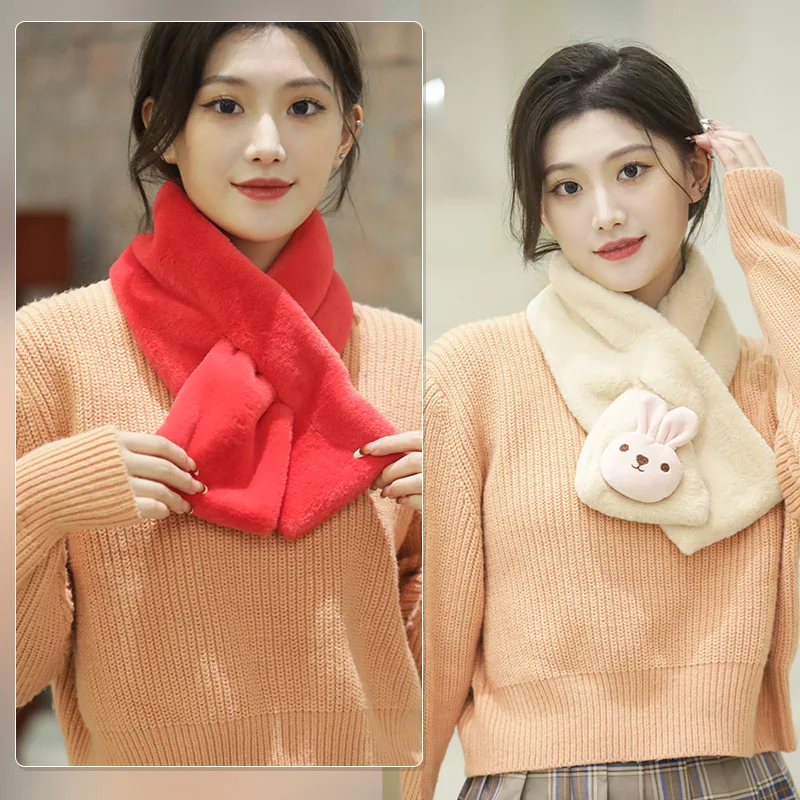 Cute Cartoon Bear Plush Scarf Women Student Winter Warm Fleece Thickened Cross Scarves Autumn Girl Scarf Korean Style New Gift