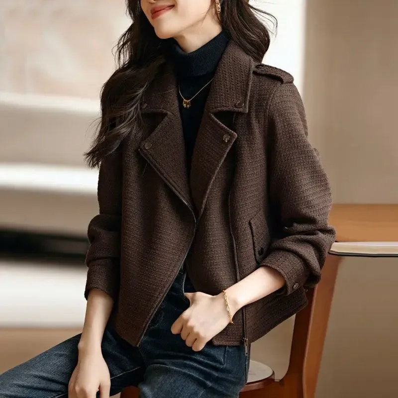 2024 Spring Women\'s Jacket Fashion Korean Slim Short Coat Pockets Turn-down Collar Zipper Solid Brown Jackets for Women