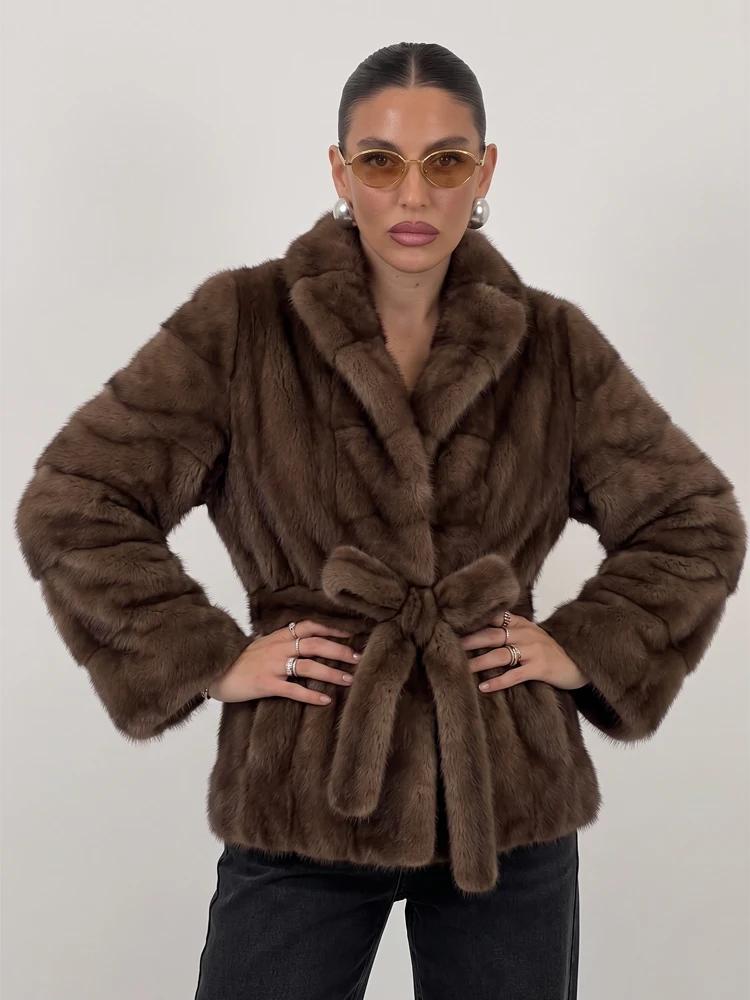 Womens Brown Faux Fur Coat Wide Lapel Long Sleeve Belted Waist Pockets Fuzzy Jacket Fall Winter Party Daily Streetwear Wear