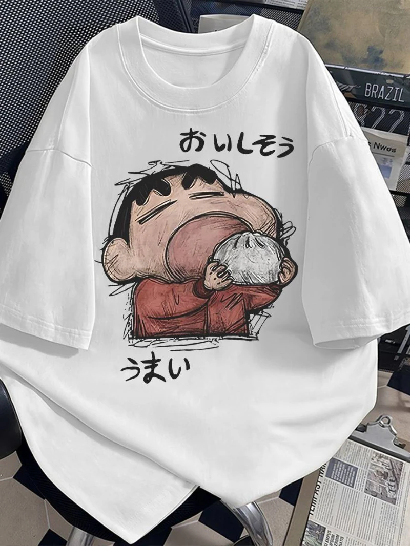 Heavyweight Pure Cotton Japanese Retro Crayon Shin-chan Print Short-sleeved T-shirt for Men, Summer Trendy Loose-fitting