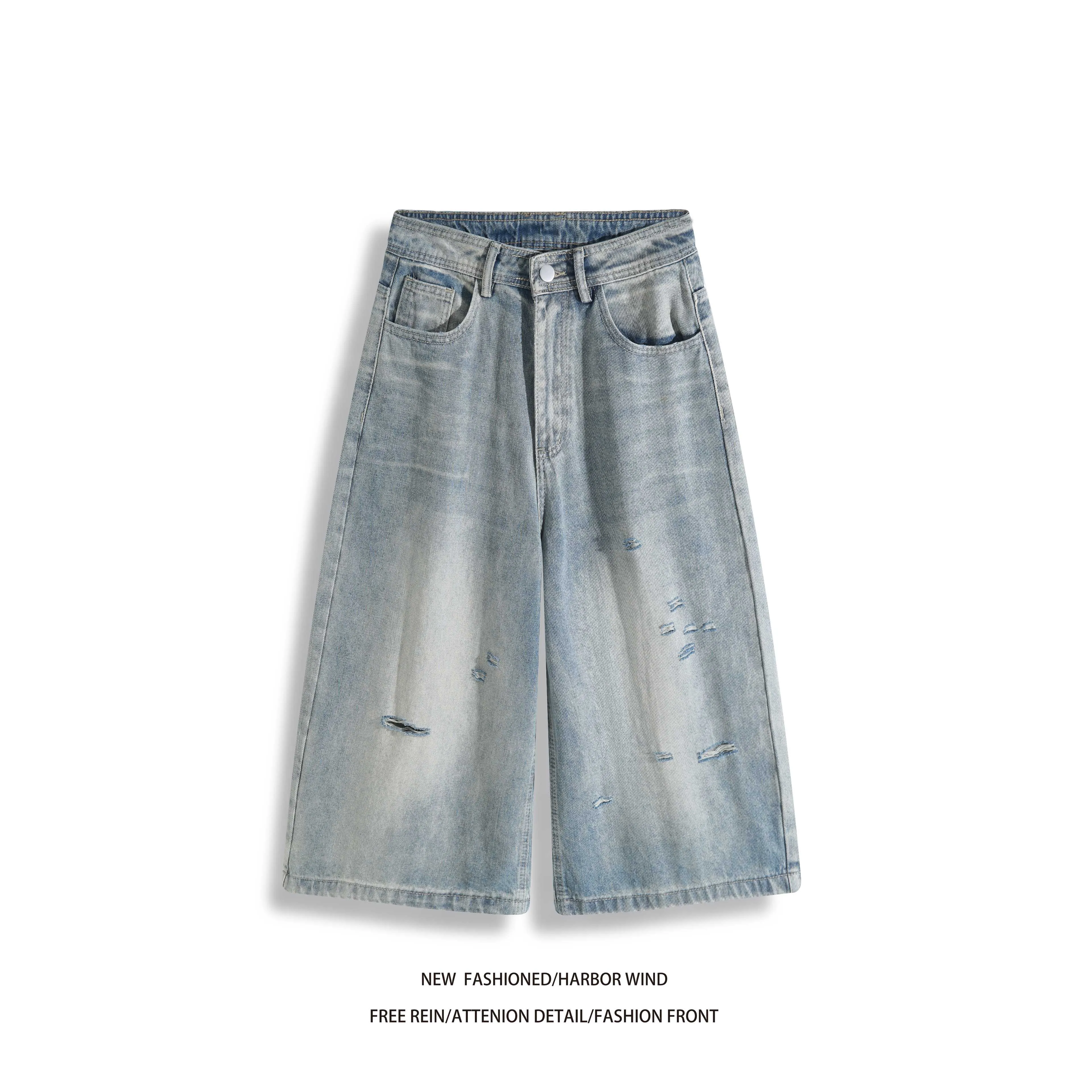 Summer New American Retro Blue Ripped Design Loose Wide Leg Cropped Pants Men s Jeans Man Pants