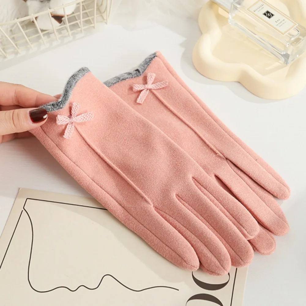 

Rabbit Velvet Material Finger Gloves Side Bow Double Sided Plush Touch Screen Gloves Cold Prevention Plush Wrist Opening