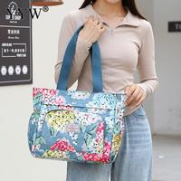 Women's Floral Pastoral Shoulder Bag Multi Pocket Large Capacity Waterproof Totebag Casual Top Handle Nylon Lady Travel Handbag