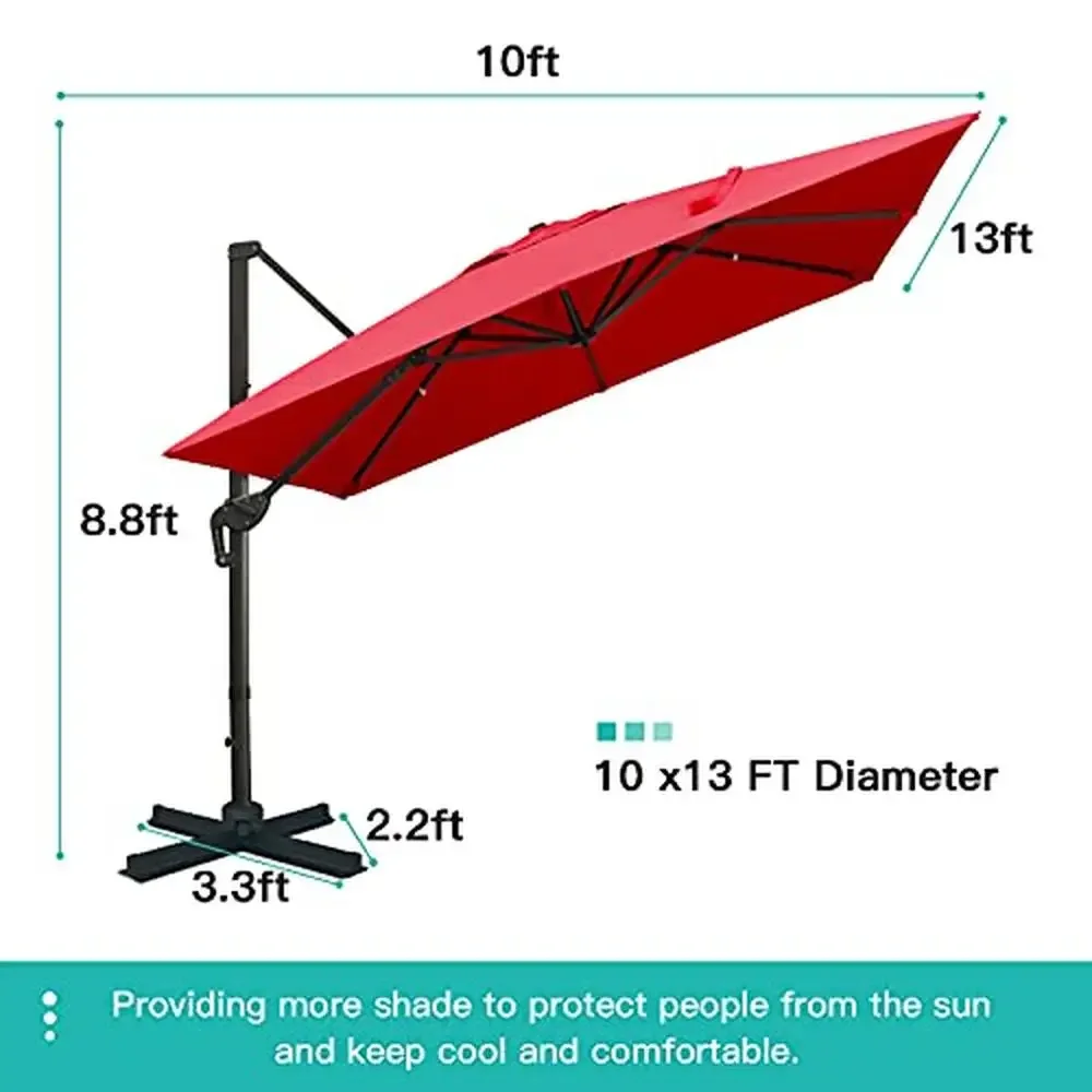 مظلة مستطيلة كابوليفر فاخرة مقاس 10 × 13 قدم 360 درجة ° نظام الإمالة المتكامل للدوران والمقاوم للماء والشمس