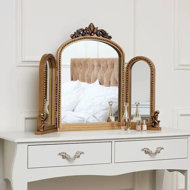N80 French Vintage Triple Folding Carved Vanity Mirror, Wall-Mounted Bathroom Mirror for Bedroom, Retro European Decorative