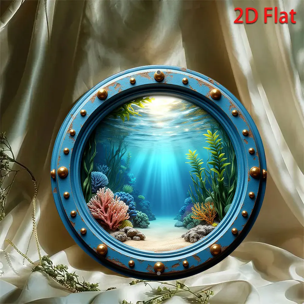 2D Vintage Metal Sign Round Wall Art  Coral Reef Ocean Life Nautical Rustic Decor for Home Bar Garage Cafe Coastal Indoor