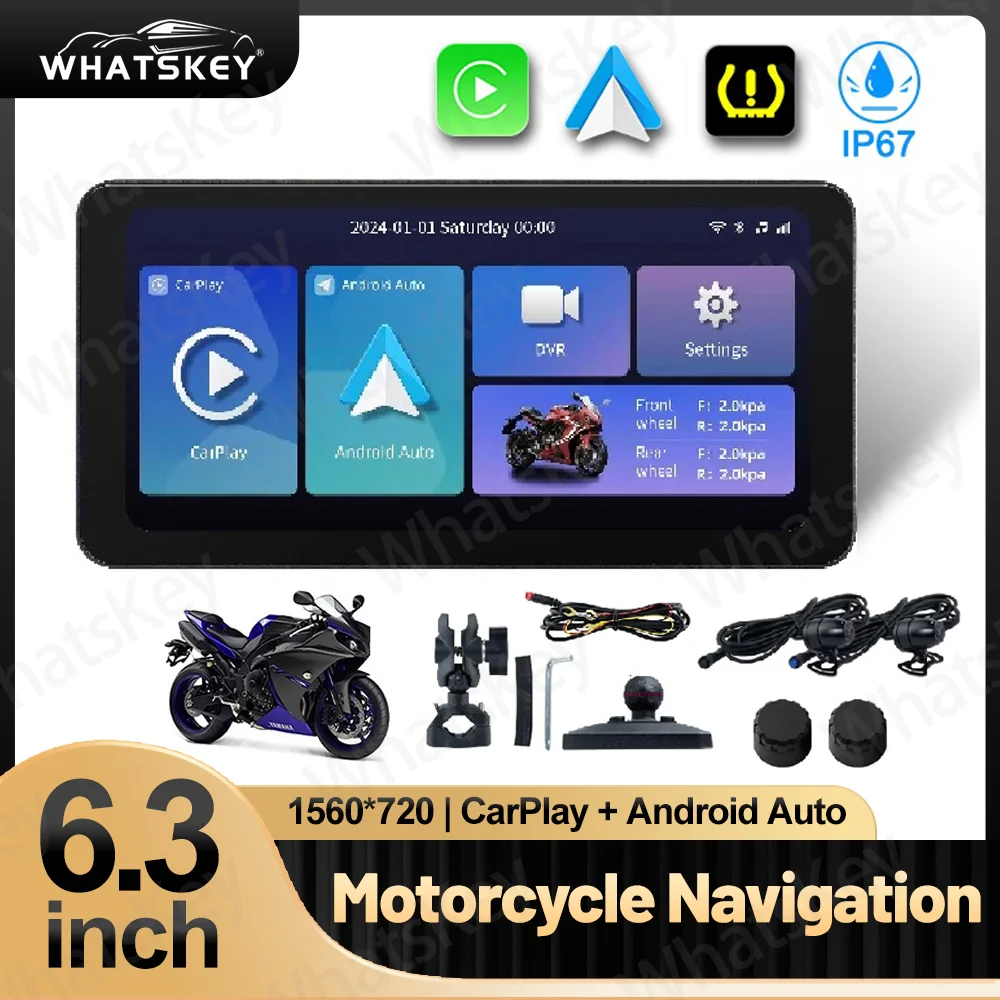 2025 New Upgrade 6.3 Inch Touch Screen Motocycle GPS Carplay Moto Android Auto Bluetooth USB Link bracket Anti-Drop Waterproof