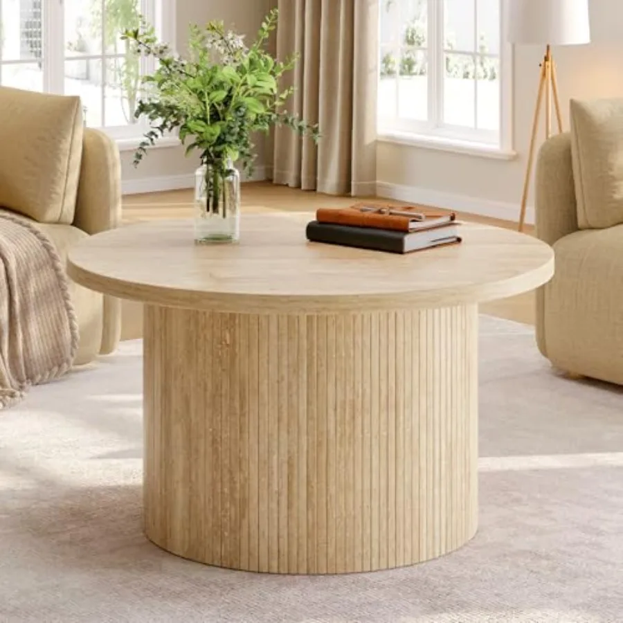 31.5 Round Coffee Table for Living Room, Solid Wood Tambour Design, Natural Walnut Finish, Space-Saving Rotating Storage
