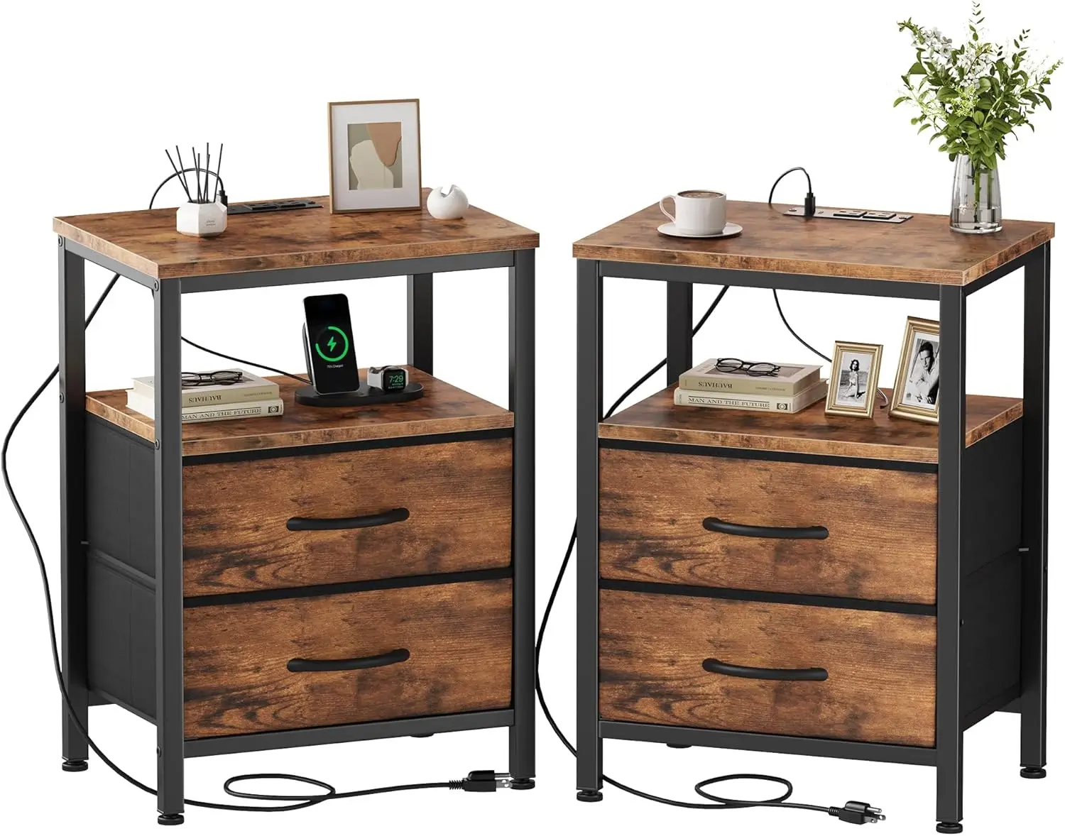 

Bedside Table Set of 2 with Charging Station, USB-C & AC Outlets, Fabric Drawers, Compact End Tables for Bedroom, Rustic Brown