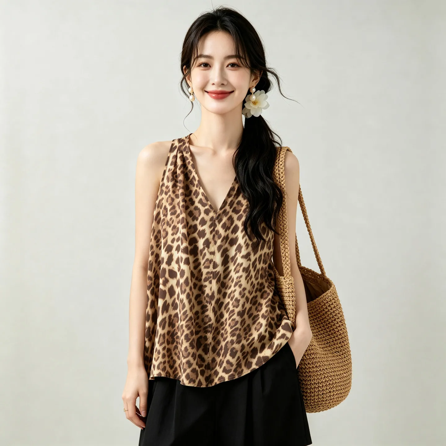 Winsleter-100%Real Silk Double Crepe Elegant T-Shirt, Sleeveless Leopard Print, Women OL Korean Loose Top, 2026 Summer T68403CC