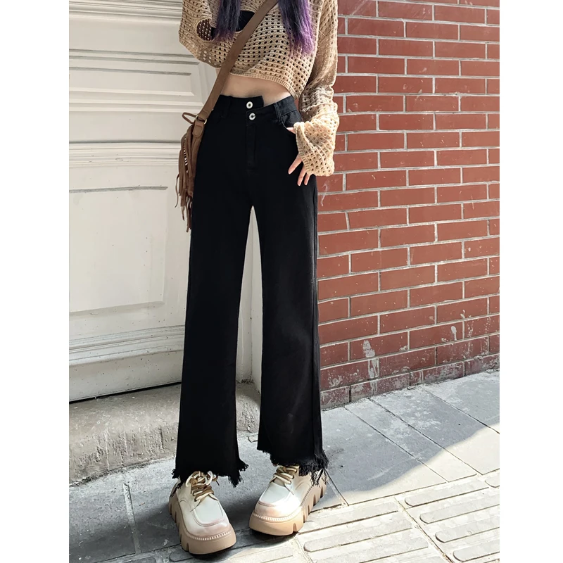جينز أسود عالي الخصر مستقيم الساق للنساء الكمثرى ربيع 2025 جديد Sle بنطال ذو قصة أرجل واسعة مزيج القطن المضاد للتجاعيد