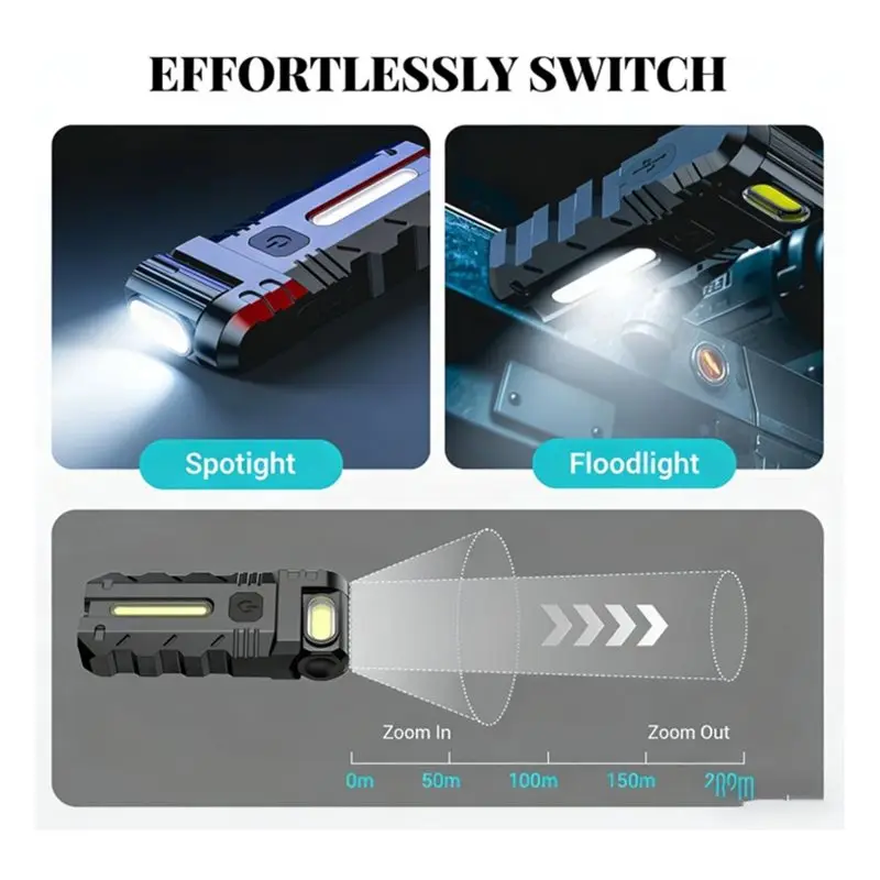 

Светодиодный рабочий фонарь GIGI Dual LED 180 ° Магнитный фонарик с вращающейся головкой, USB-C, перезаряжаемый, на брелоке