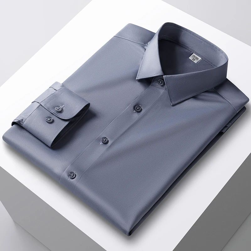 2024 Frühling Männer lässig nicht eiserne Seide stehen solide Collor weiß-grün Komfort Business Langarm Bluse Slim Fit Shirts 4xl-5xl