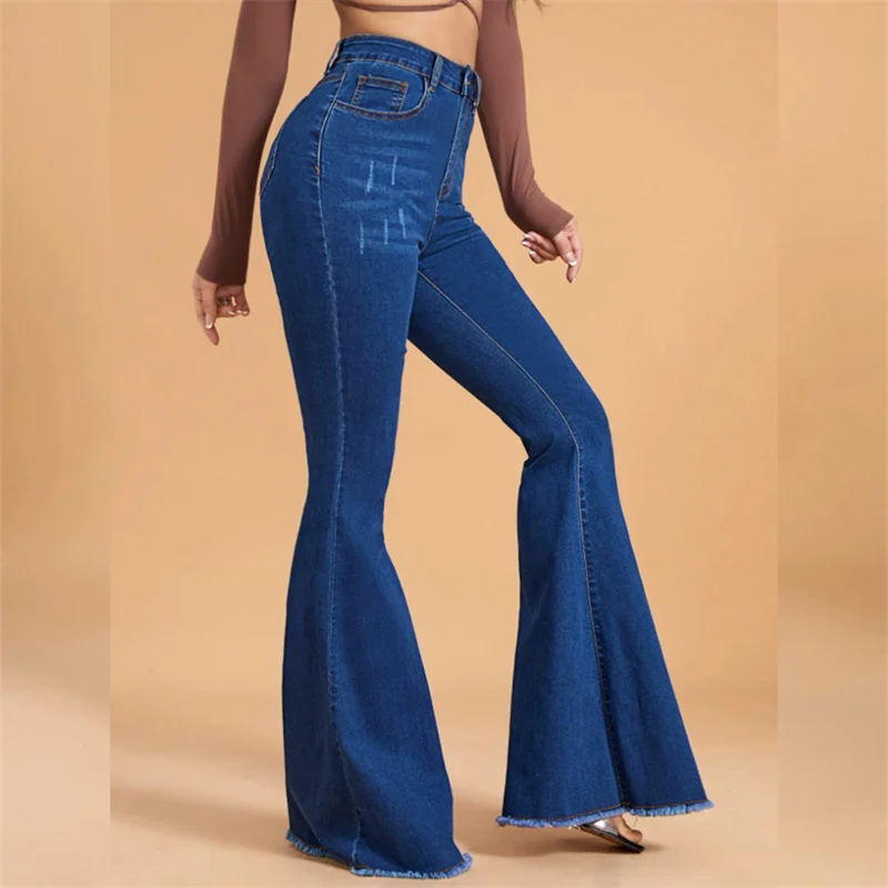 Fashion Scratch Women Flared Jeans New High Waist Stretch Denim Pants Female Casual Commuter Slim Fit Hip Lift Wide Leg Trousers