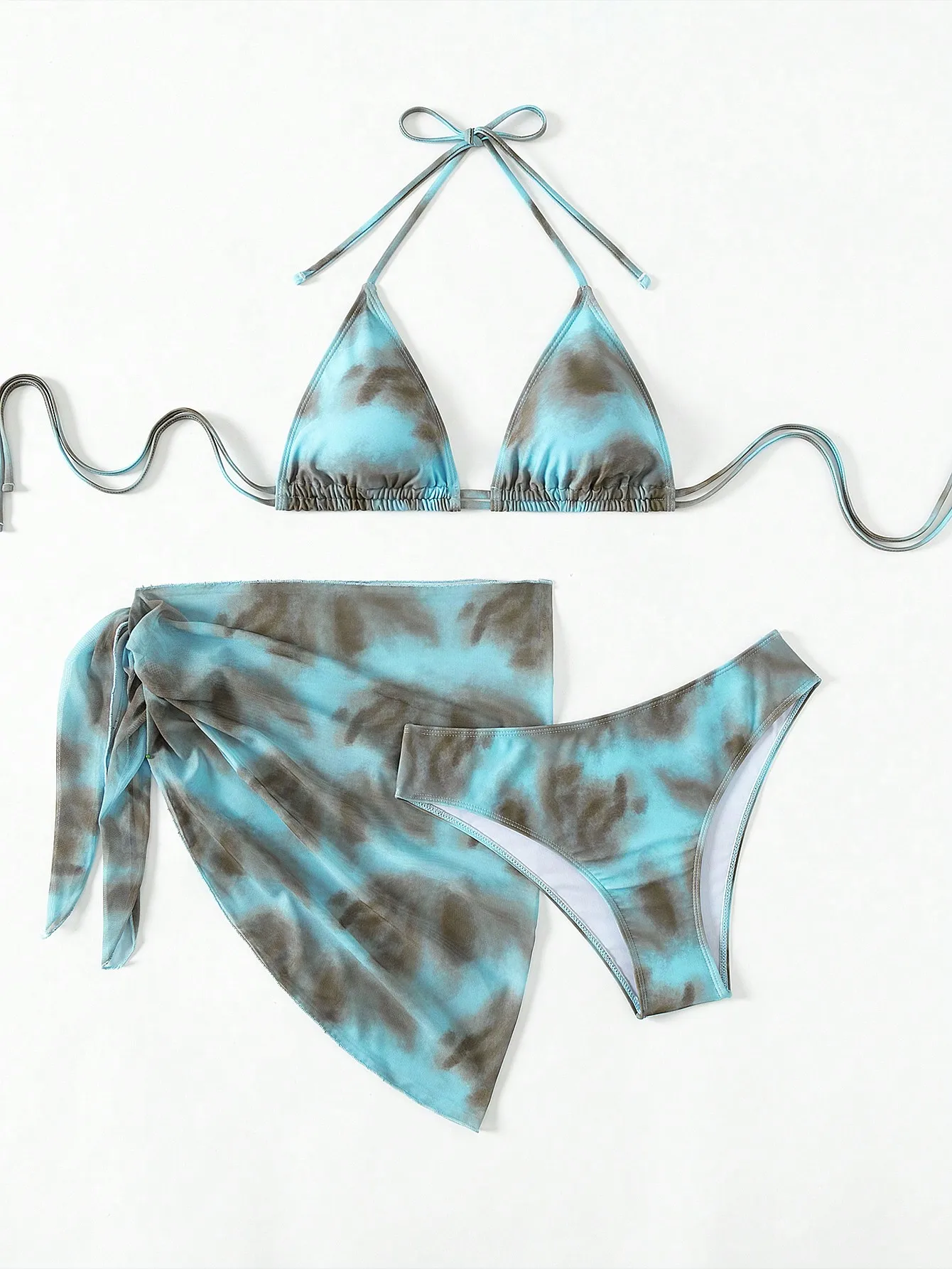 Women's 3 Piece Gradient Tie Dye Bathing Suit Lace Up High Cut Bikini with Beach Skirt