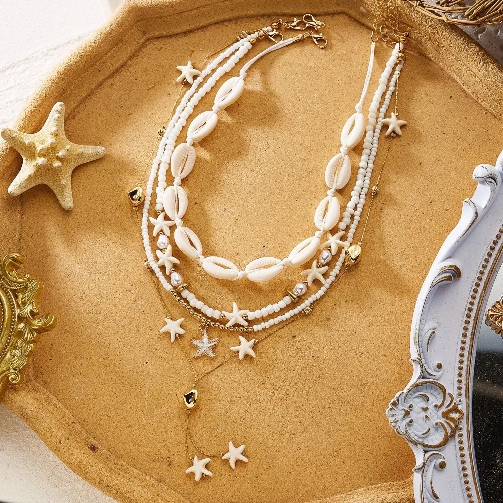 Trendy Bohemian Multilayer Beads Chain Pearl Tassels Starfish Pendant Handmade Oil Drop Shell Beaded for Women