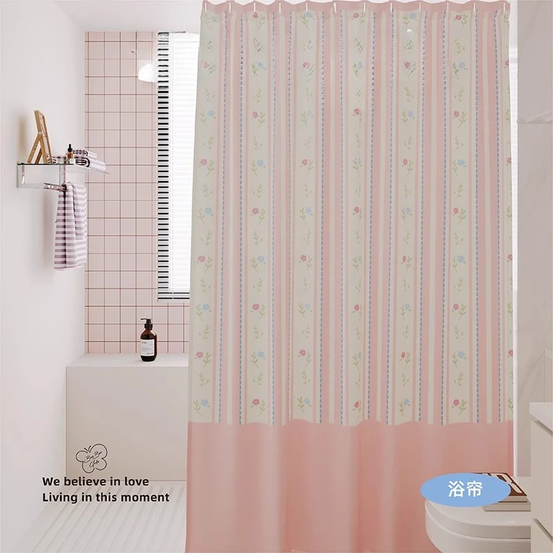 

French Floral Shower Curtain Bathroom Partition Blocking Curtain Waterproof and Mildew-proof Quick-drying No Punching BathShower