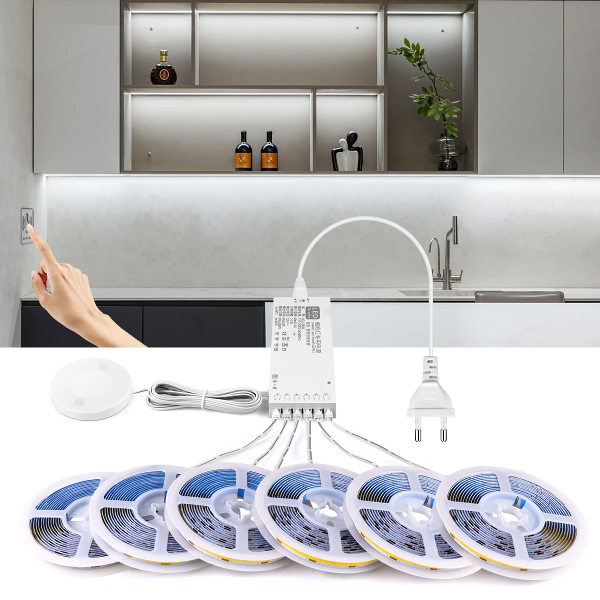 1-6 Sets 110V 220V COB Led Strip Parallel Lights Flexible LED Tape Dimmable Touch Sensor Switch For Under Cabinet Lamp Backlight