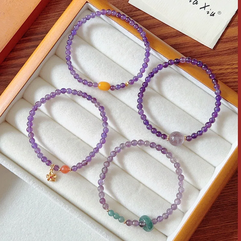 

Dainty Stackable 4MM Natural Amethyst Thin Stretch Beaded Bracelets for Women Lucky Amber Agate Jadeite Charm Female Bangle 1608