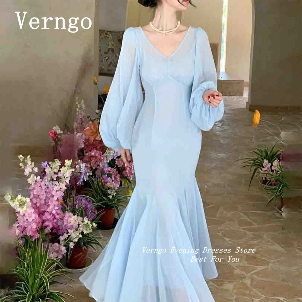 

Verngo Blush Blue/Green/White Chiffon Prom Dress V Neck Puff Sleeves Paty Dress For Women Simple A Line Evening Dress Outfit