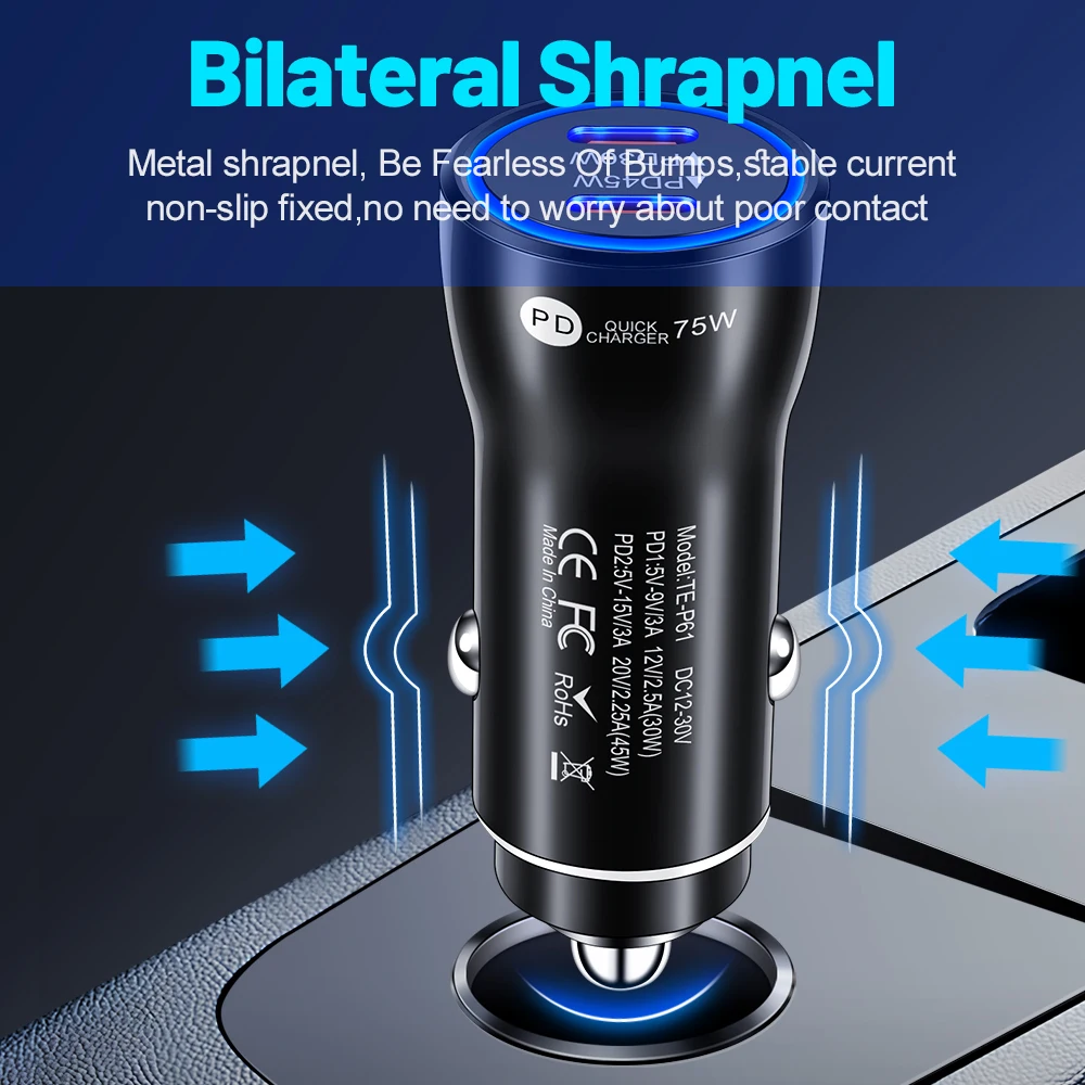 75 واط USB C شاحن سيارة منافذ مزدوجة نوع C PD شاحن في سيارة محول شحن سريع آيفون 15 14 شاومي سامسونج شاحن هاتف السيارة #5