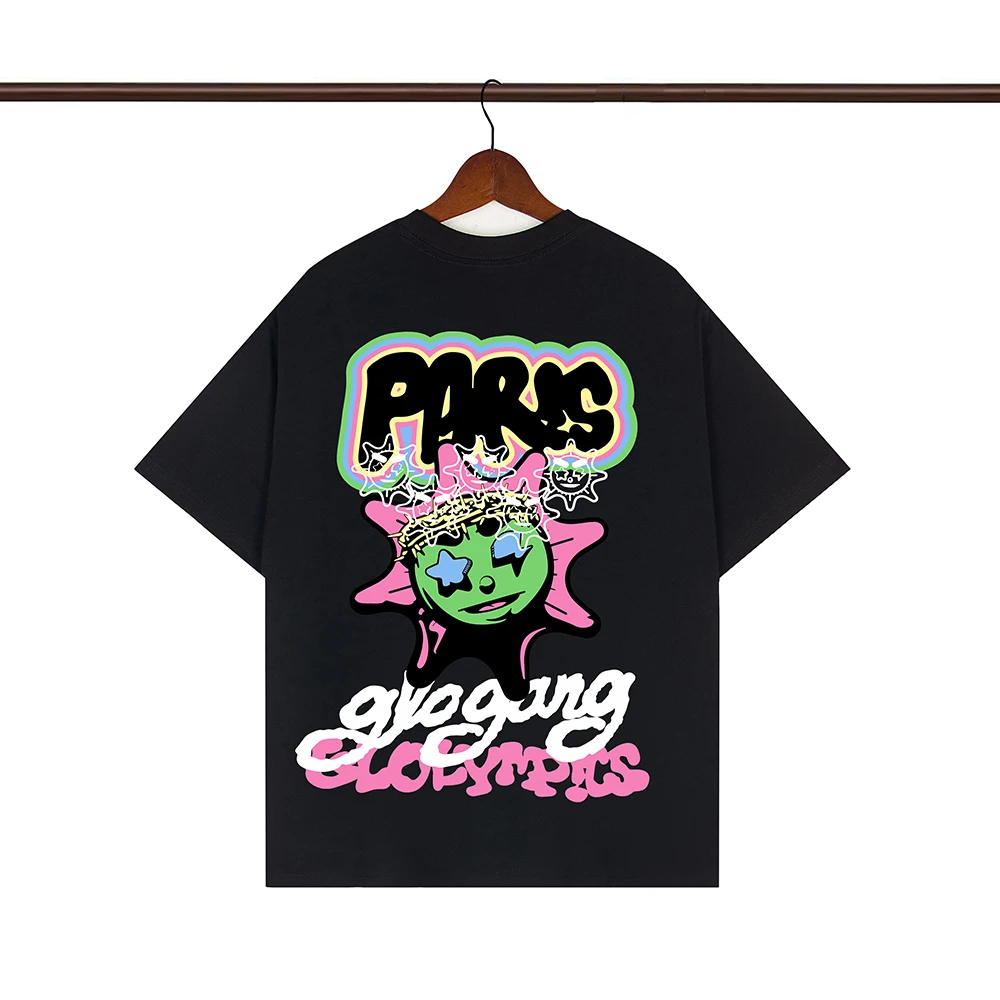 

Streetwear Graffiti Color Match Letter Short Sleeve Tshirts for Men and Women Crew Neck Cotton Tees Oversized Hip Hop Tops