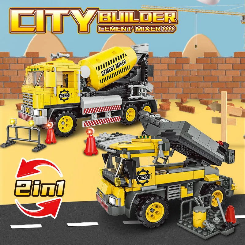 2 in 1 Deformation  Mixer Dump Truck Block DIY Engineering Vehicle  Building Bricks Toy For Boys