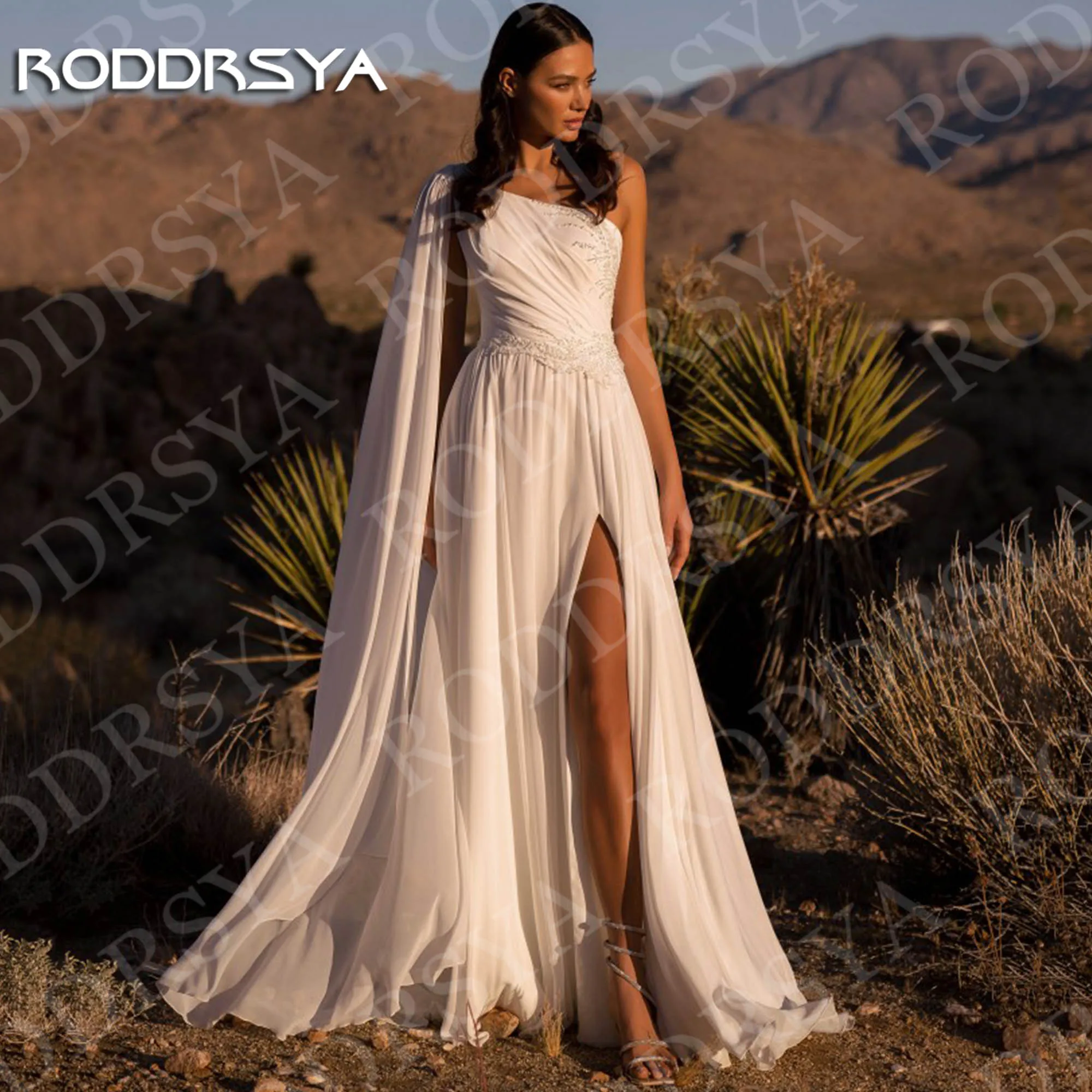 RODDRSYA Chiffon Trouwjurken met Split Vrouw Boho Een Schouder Kralen Een Lijn Bruidsjurk Aangepaste Chiffon bruidsjurken met Split vrouw Boho een schouder kralen een lijn bruidsjurk op maat