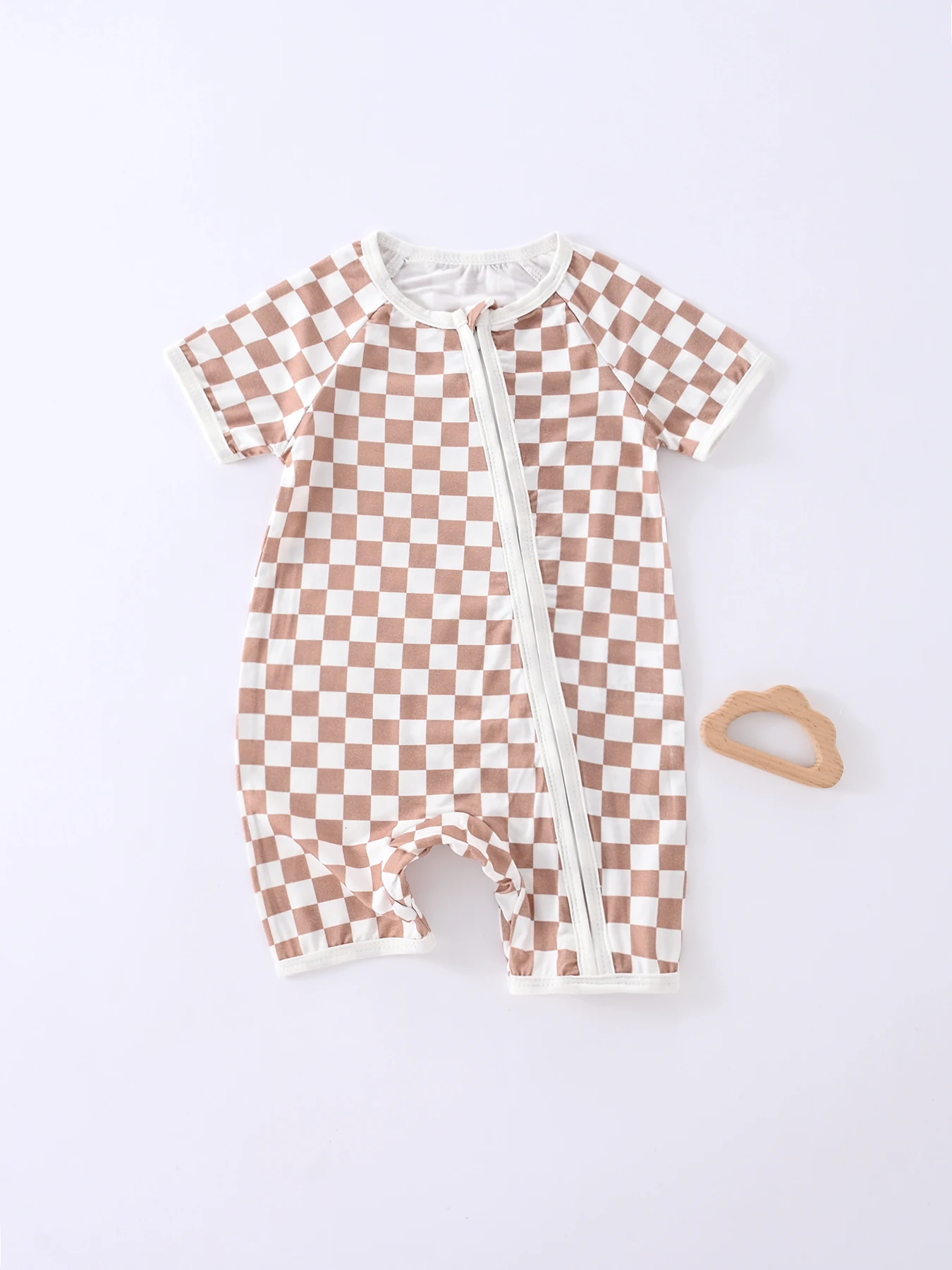 

Baby Bodysuit Thin Short Sleeve Plaid Pattern Zipper Section Bodysuit Boys Girls Summer Comfortable Breathable Bodysuit