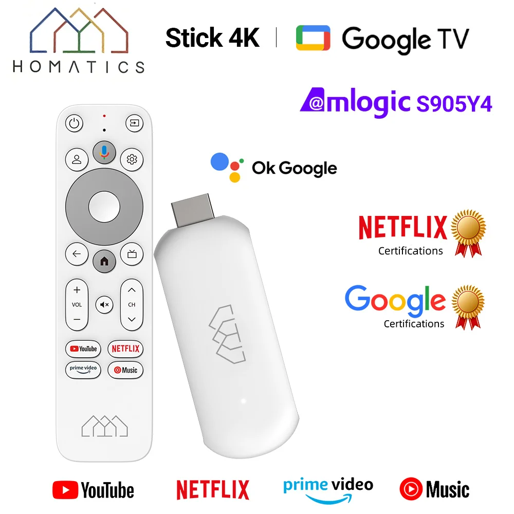 HOMATICS 4K TV Stick GoogleTV1 12.0 Netflix Google Certified 2GB LPDDR4 32G Amlogic S905Y4 Dolby Atmos AV1 H.265 2T2R Wifi