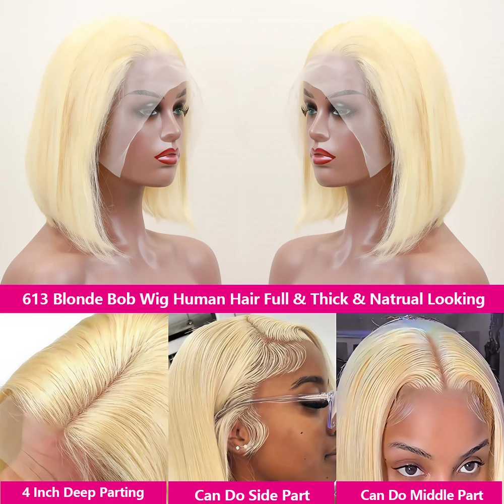 613 Blonde Short Bob Wig Human Hair 13x4 Lace Front Wigs Human Hair Pre Plucked Transparent Lace 180% Density Lace Frontal Wig image 4