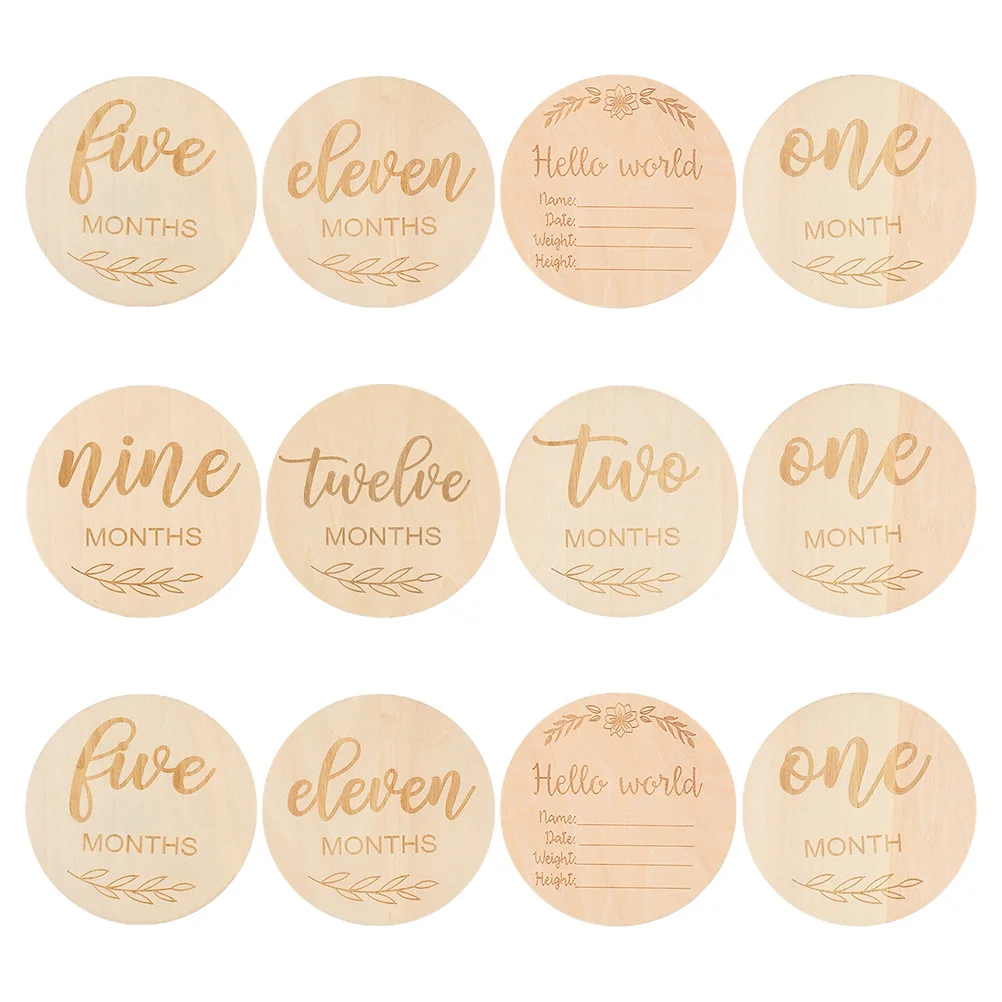 12 Pcs Photo Props One Month Baby Sign The Monthly Milestone Growth Cards Newborn Gift Discs Wood Wooden