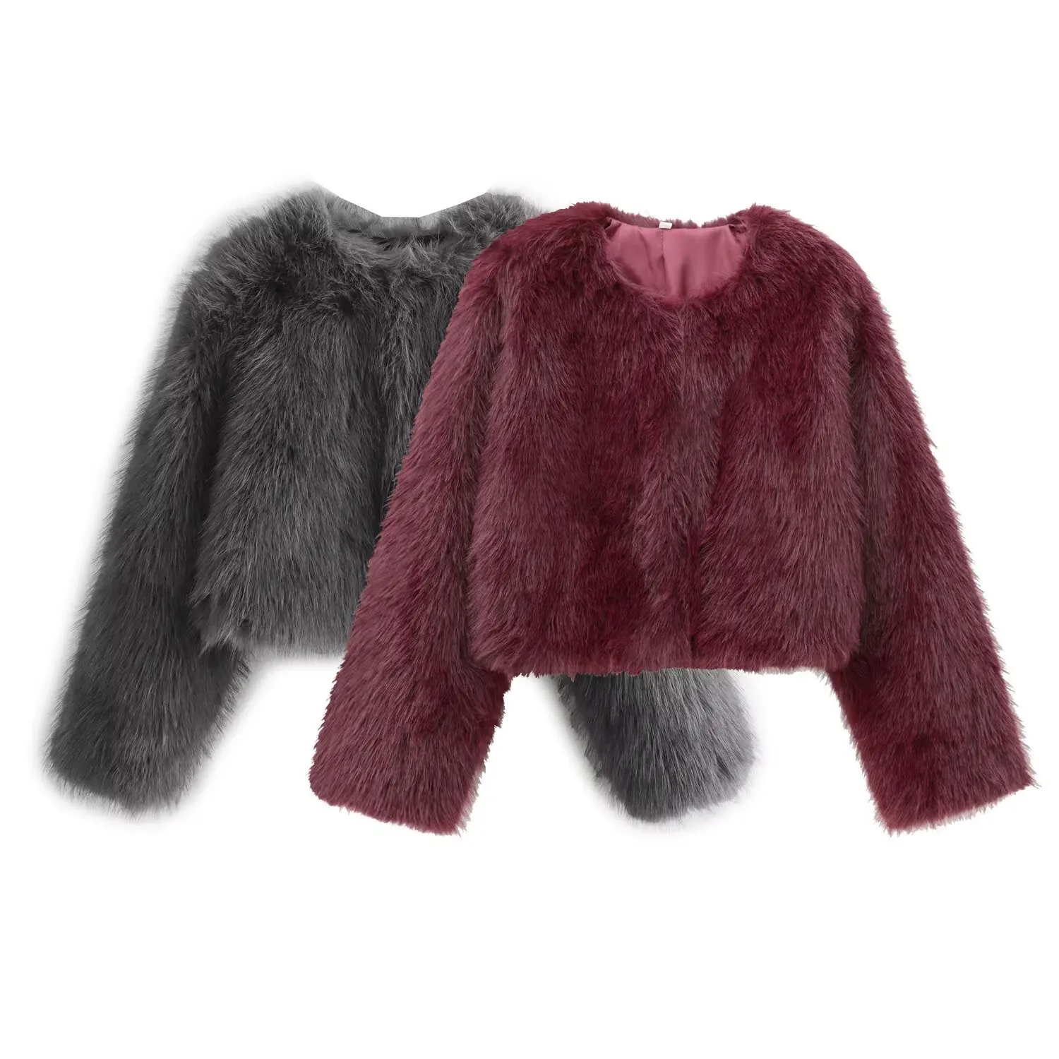 TRAFZA Fashion 2024 Winter Solid Burgundy Furry Women Faux Fur Luxury Splendid Chic Vintage Outewear Elegant Chic Party Jacket