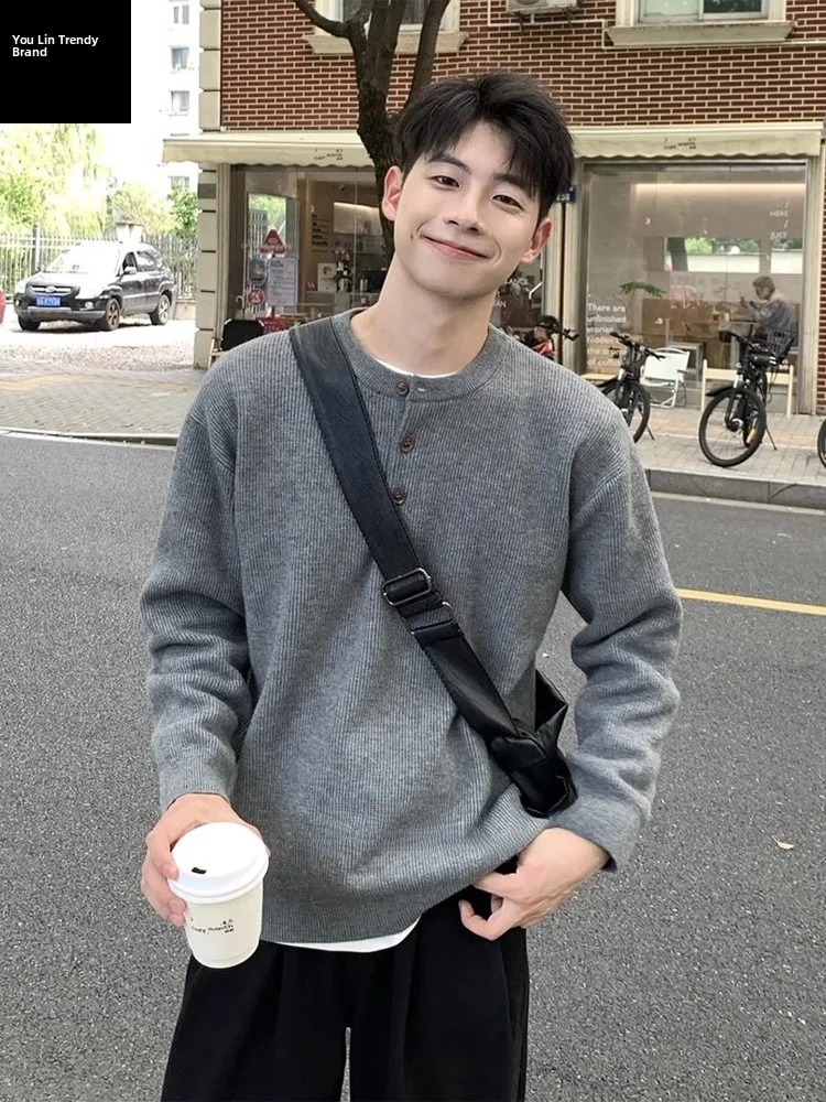 

Мужской трикотажный джемпер с воротником хенли, темно-серый, зимний, утепленный, в корейском стиле, свободный, для многослойных образов, базовый слой, повседневная рубашка с длинным рукавом