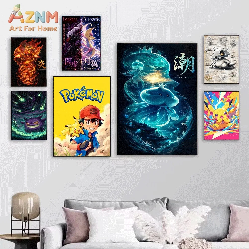 Anime Pokemon Charmander Retro Chinese‑style Canvas Wall Art, Fire‑type Pocket Monster Cartoon Frameless Canvas Painting for K