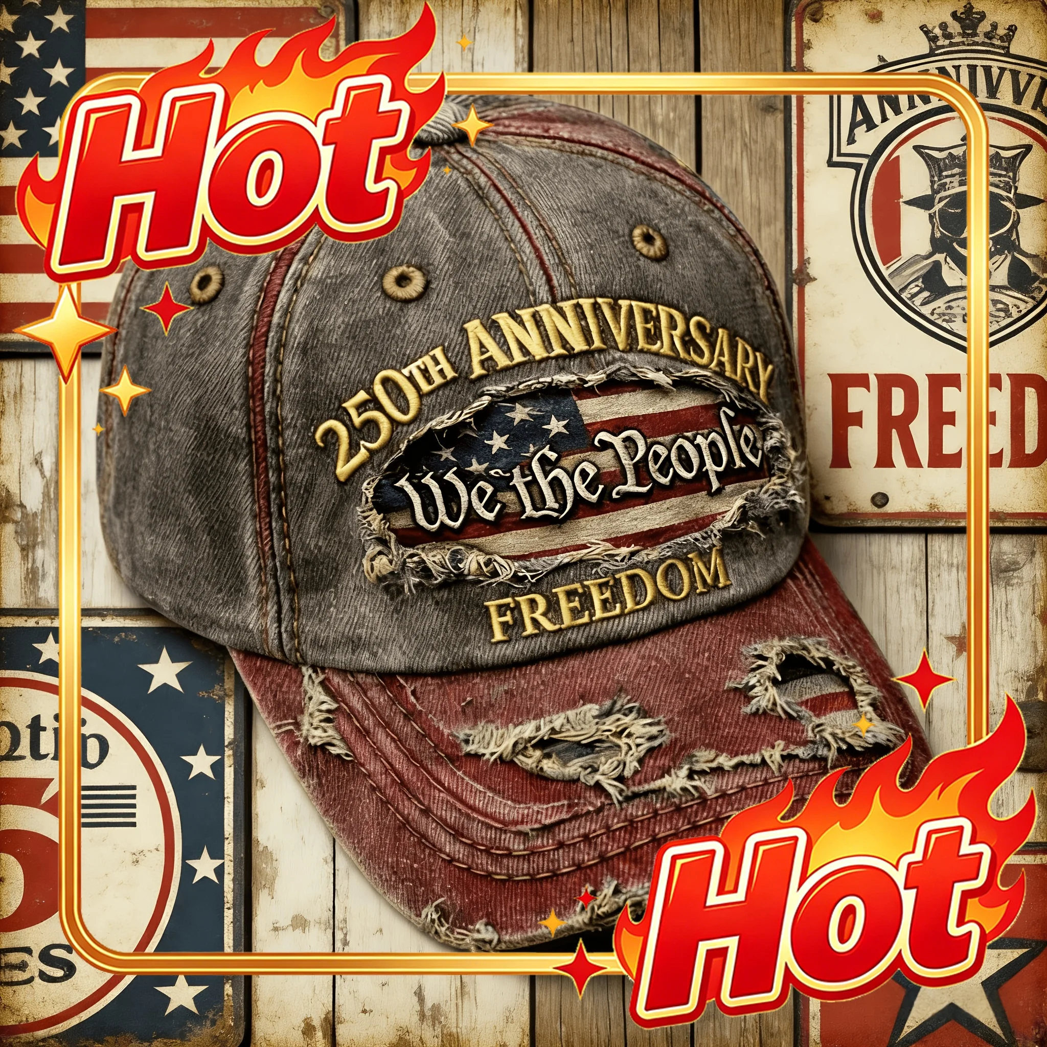 Custom Cap 250th Anniversary Commemorative Cap USA 1776-2026 Patriotic Style Casual Fashion Baseball Cap, Distressed Ripped Fabr