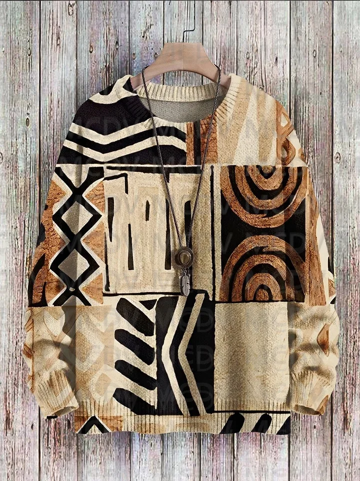 

Geometric Figure Imitation Human Face Fish Pattern Basin Vintage Art Vibe Print Sweater Men's For Women's Pullover