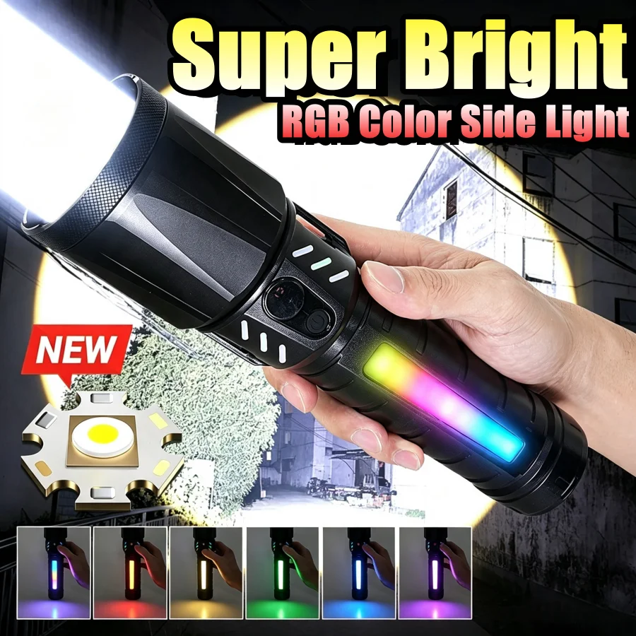 Powerful LED Flashlight USB Rechargeable Tactical Torch With RGB Color Side Light Long Lasting Light For Camping Fishing Hunting