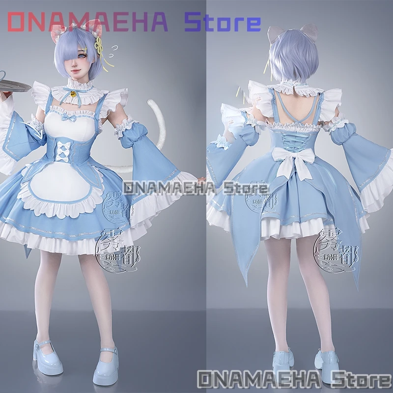 

XS-2XL Re: Zero Starting Life in Another World Rem Cosplay Costume Bule French Maid Dress Halloween Disguise for Adult Women