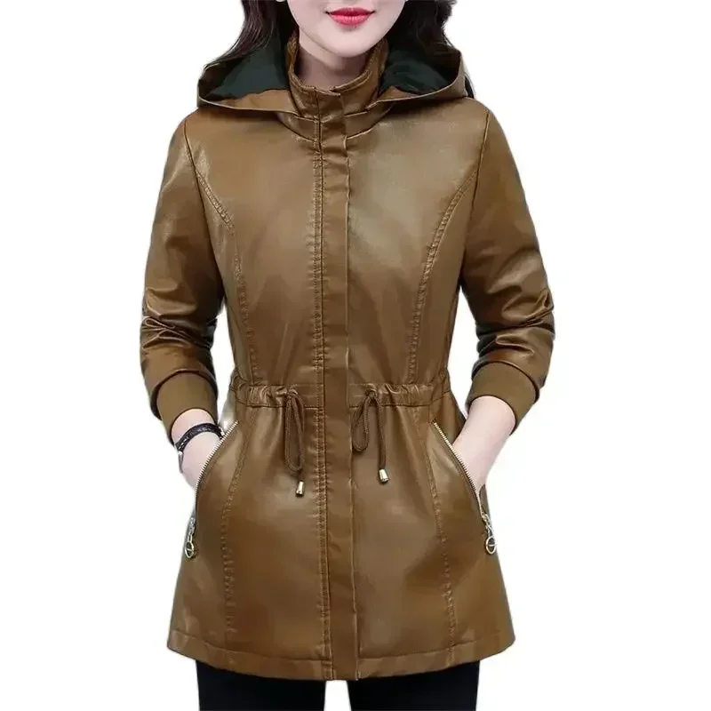 Autumn  and Winter Leather Jacket Women Dismantle Hooded Coat Fleece Thicken PU Leather Overcoat Female Drawstring Windbreakers
