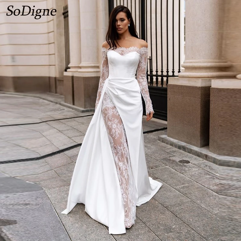 

SoDigne Mermaid Satin/Lace Elegant Wedding Dresses O-neck Full Sleeves Bridal Dress Long Wedding Gown 2025 Custom Made ﻿