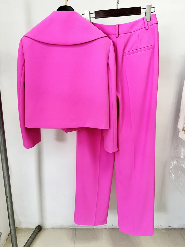 HIGH Quality 2024 New Designer Hot Pink Pantsuits Cropped Blazer Jacket Pants 2pcs Sets Fluorescent Pink Festival Outfit Women