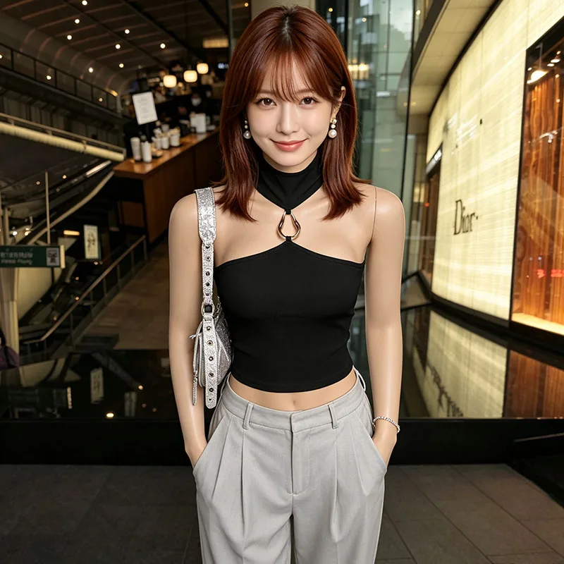 Women Metal O Ring Halter Crop Tank Top Ribbed Knit Open Back Sleeveless Slim Fit Y2K Street Club Layering Camisole