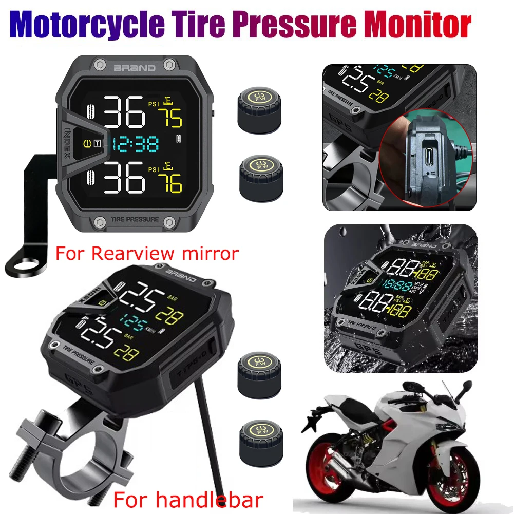 Мотоциклетная система контроля давления в шинах TPMS, сигнализация с 2 внешними датчиками, системы сигнализации в шинах для руля, зеркало заднего вида