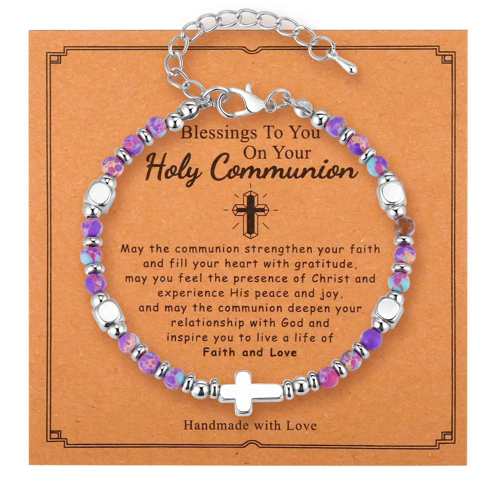 

First Holy Communion Cross Bracelet Nature Stone Beaded Adjustable Easter Gift for Women Christian Religious Jewelry
