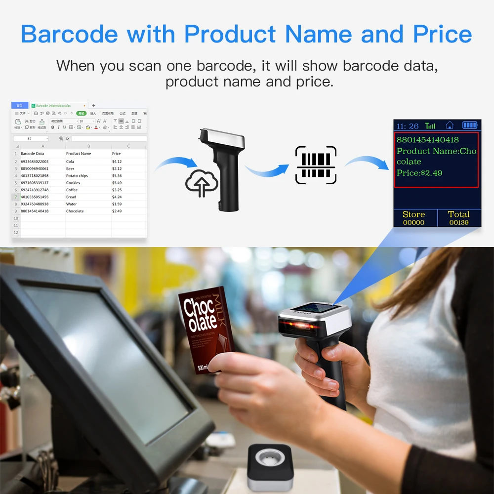 Eyoyo EY-1900 1D CCD Bluetooth Barcode Scanner With LCD Screen Show Product Name And Price Support Time Prefix Suffix Scanning