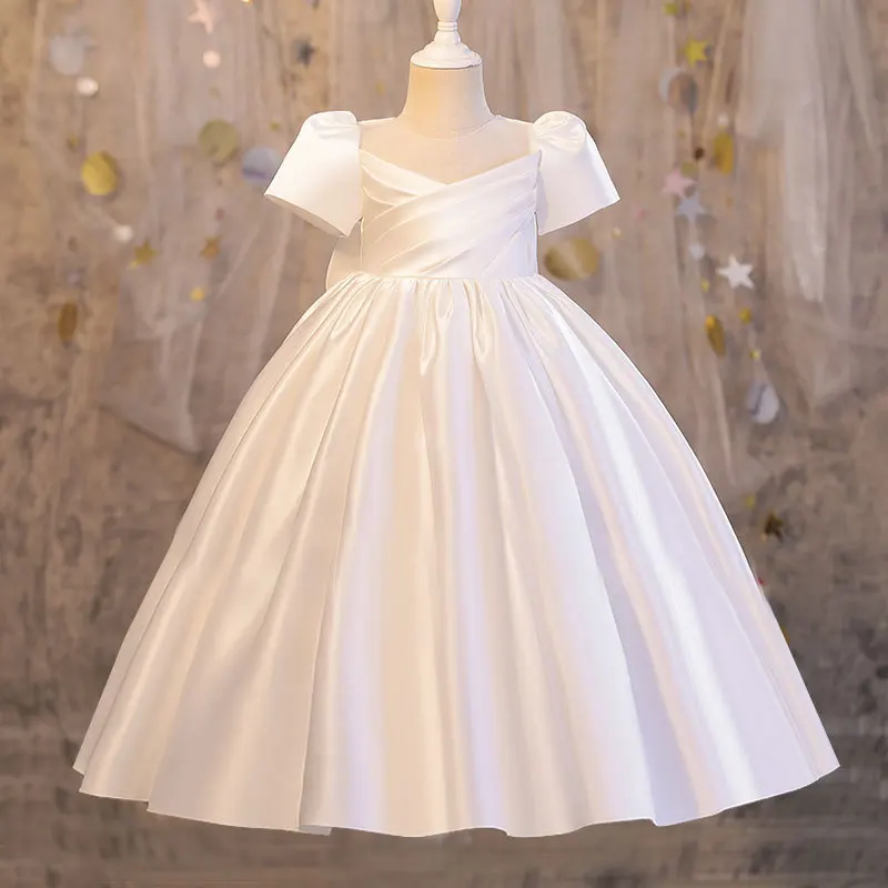 Robe de Rhen satin pour enfants, robes de demoiselle d'honneur avec grand nœud, bouffante, couleur unie, petite princesse, tout-petit, premier anniversaire