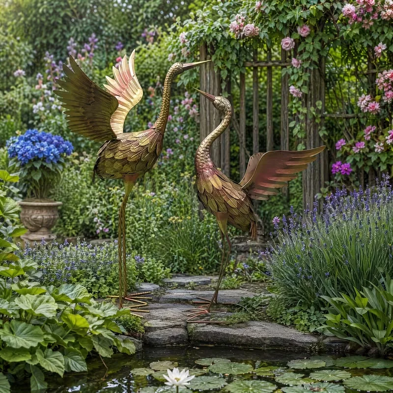 32in & 28in Outdoor Metal Crane Statues Weatherproof Garden Ornaments