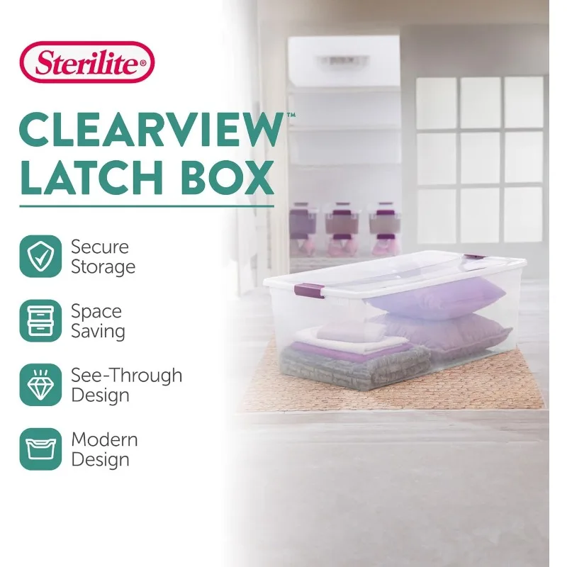 Sterilite 110 Qt ClearView Latch Storage Box, Stackable Bin with Latching Lid, Plastic Container Organize Clothes in Closet